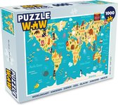 Puzzel Wereldkaart - Kinderen - Dieren - Geel - Blauw - Jongens - Meisjes - Legpuzzel - Puzzel 1000 stukjes volwassenen