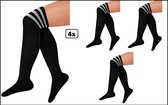 4x Lange sokken zwart met witte strepen - maat 36-41 - kniekousen zwarte overknee kousen sportsokken cheerleader carnaval voetbal hockey unisex festival