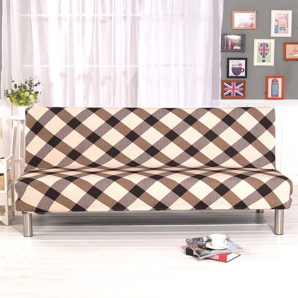 Illustreren seinpaal Schelden Armless Sofa Bed Cover Vintage Check Printing Couch Sofa Hoes Futon Cover  3-zits... | bol.com