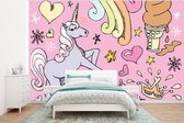 Behang kinderkamer - Fotobehang Meisjes - Design - Unicorn - Regenboog - Roze - Breedte 295 cm x hoogte 220 cm - Kinderbehang