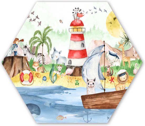 Hexagon wanddecoratie - Kunststof Wanddecoratie - Hexagon Schilderij - Strand - Dieren - Kinderen - Vuurtoren - Jongens - 75x65 cm