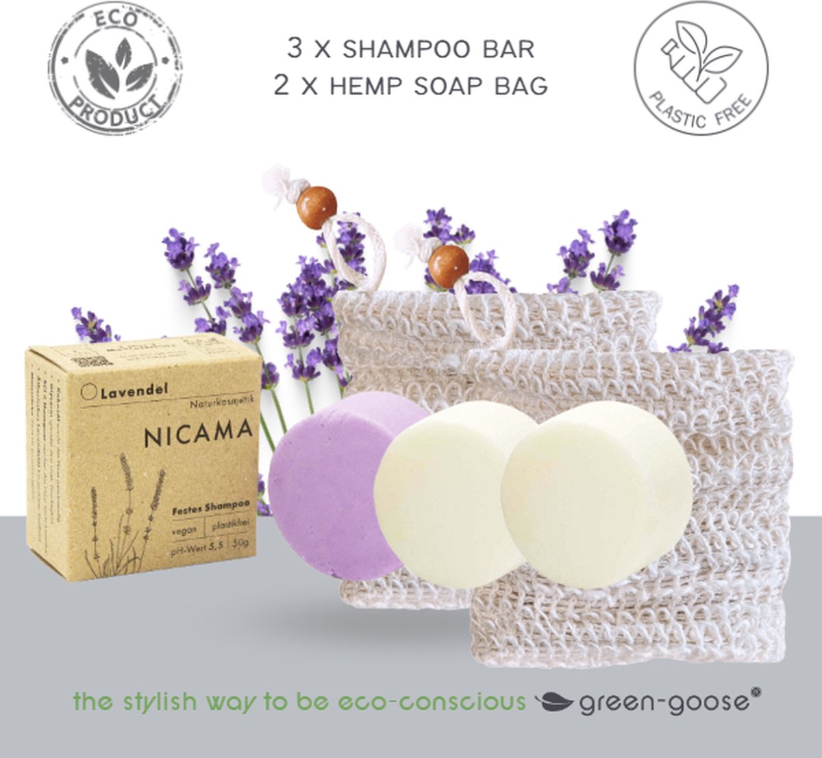 Nicama 3 x Shampoo Bar | Lavendel, Limoengras, Natuur | Met 2 gratis Hennep Biokatoen Zeepzakjes