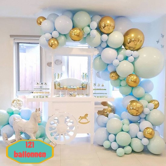 Baloba® BallonnenBoog Licht Blauw Licht groen Goud - Feest Versiering met Papieren Confetti Ballonnen - Verjaardag Bruiloft Versiering - 121 Helium Ballonnen