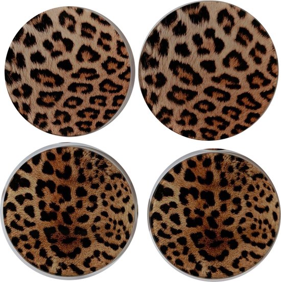 Onderzetters voor glazen | Panterprint woondecoratie | 4 stuks | Verjaardag | Jaguar | Glazen onderzetters | Cadeau voor vrouw | Jungle safari look | Onderzetters met display | Luxe onderzetters | 10 cm doorsnee