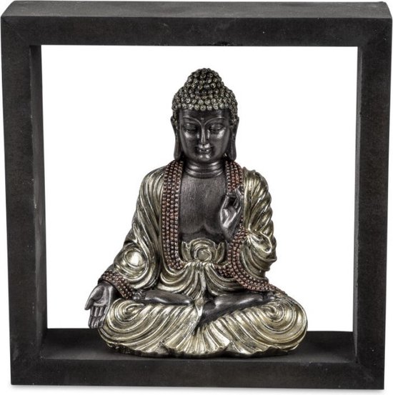 Boeddha - Buddha - Kader - Zilver - Zwart - 20x20x6cm - Polyserin