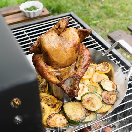 Navaris kippen braadrek voor BBQ - Roestvrijstalen kippenstandaard - Rooster met druiprek met een diameter van 30,5 cm - Staand kip braden - Navaris