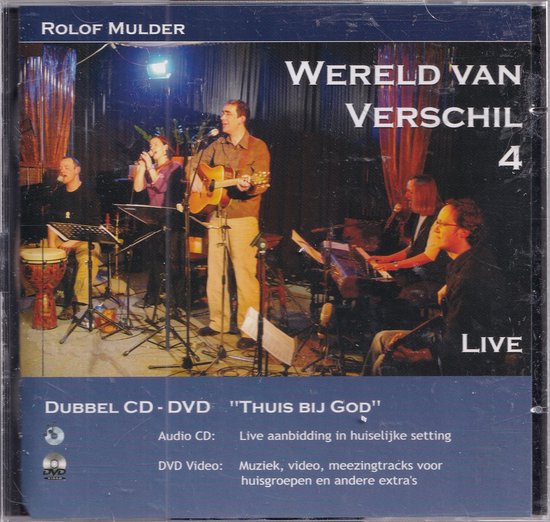Albumcover met tekst 'Rolof Mulder', 'Wereld van verschil 4 Live', en een foto van een band die live optreedt.