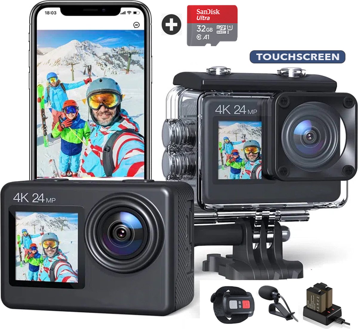 JC's - Action Camera 4K - Vlogcamera- Touchscreen - Dual screen - 32GB SD kaart - Afstandbediening - Externe microfoon - EIS Stabilisatie - Dual batterijlader -
