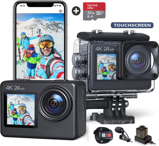 JC's - Action Camera 4K - Vlogcamera- Touchscreen Dual screen - 32GB SD kaart -... | bol.com
