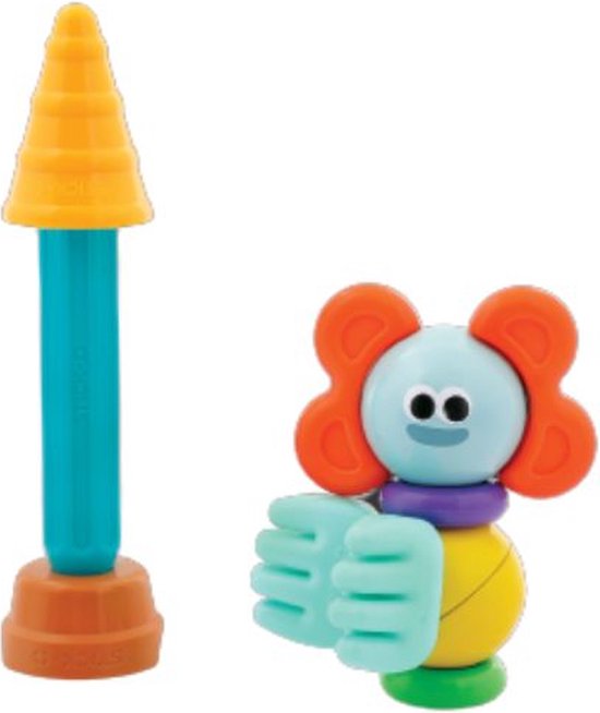Een magnetische speelgoedkwall met gele en groene delen, en een blauwe stok met oranje punt.