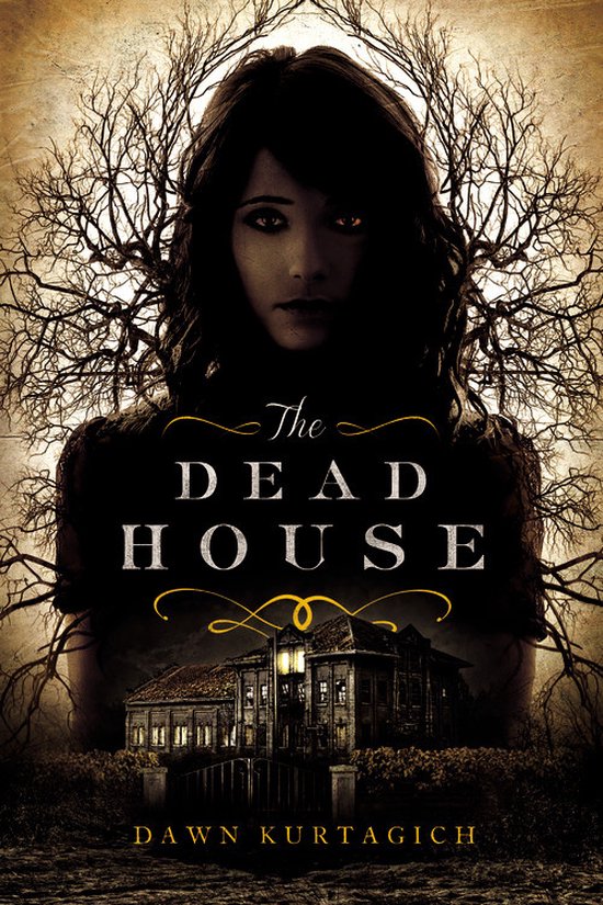 Het boek The Dead House met op de voorkant een donkerharige vrouw met enge ogen, met daarachter takken. Onderaan het boek The Dead House.