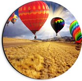 WallClassics - Dibond Muurcirkel - Groep Luchtballonnen in Verschillende Kleuren boven Droog Landschap - 20x20 cm Foto op Aluminium Muurcirkel (met ophangsysteem)