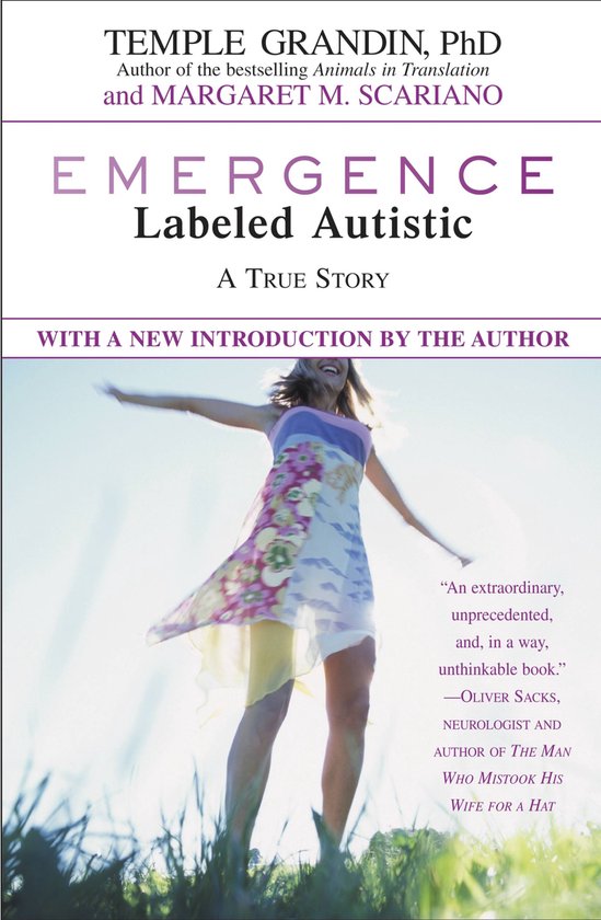 Boekomslag met de titel 'EMERGENCE Labeled Autistic' in paarse letters, met een vrouw in een kleurrijke jurk.