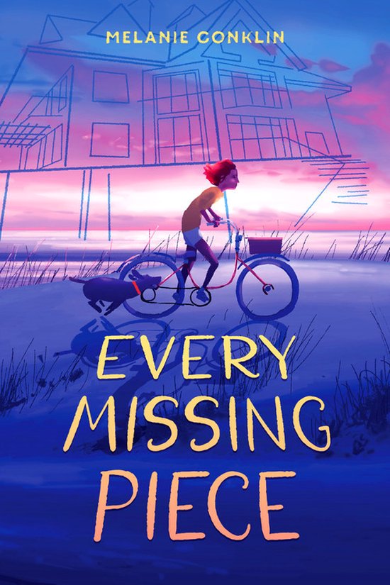 Boekcover Every Missing Piece: meisje op fiets met hond, strandhuis en zonsondergang.