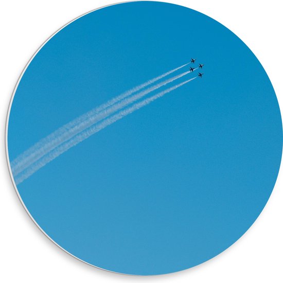 WallClassics - PVC Schuimplaat Muurcirkel - Groep van Vier Vliegtuigen met Vliegstrepen - 30x30 cm Foto op Muurcirkel (met ophangsysteem)
