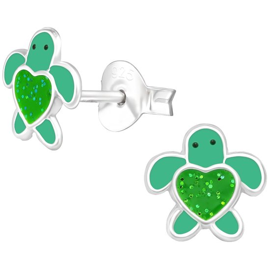 Joy|S - Zilveren schildpad oorbellen - 7 mm - groen met groene glitter hartje - kinderoorbellen