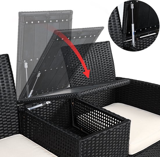 Openklappende tafel/opbergruimte van de zwarte polyrattan bank, met gasveren.