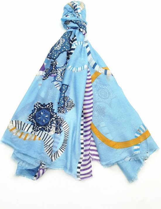 Lange dames sjaal Franca fantasiemotief blauw wit oranje beige donkerblauw paars lichtblauw zilver
