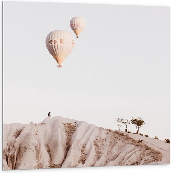 WallClassics - Dibond - Beige en Bruine Luchtballonnen boven Rotslandschap - 100x100 cm Foto op Aluminium (Met Ophangsysteem)