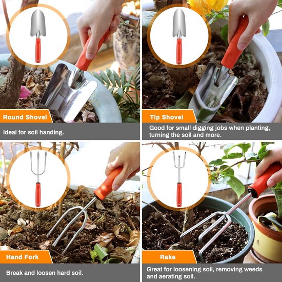 Tuingereedschapsset, 9 stuks, roestbestendig tuingereedschapsset met opbergtas, tuinset, handgereedschap, tuingereedschap, ideaal tuincadeau voor vrouwen en mannen