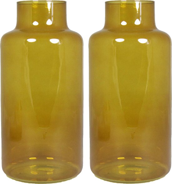 Floran Bloemenvaas Milan - 2x - transparant oker geel glas - D15 x H30 cm - melkbus vaas