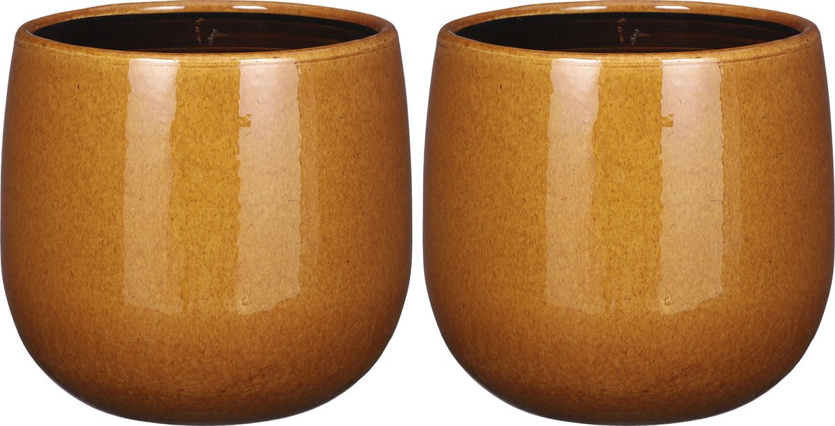 Mica Decorations - Plantenpot/bloempot - 2x stuks - keramiek - okergeel glans/spotted- D21/H19 cm
