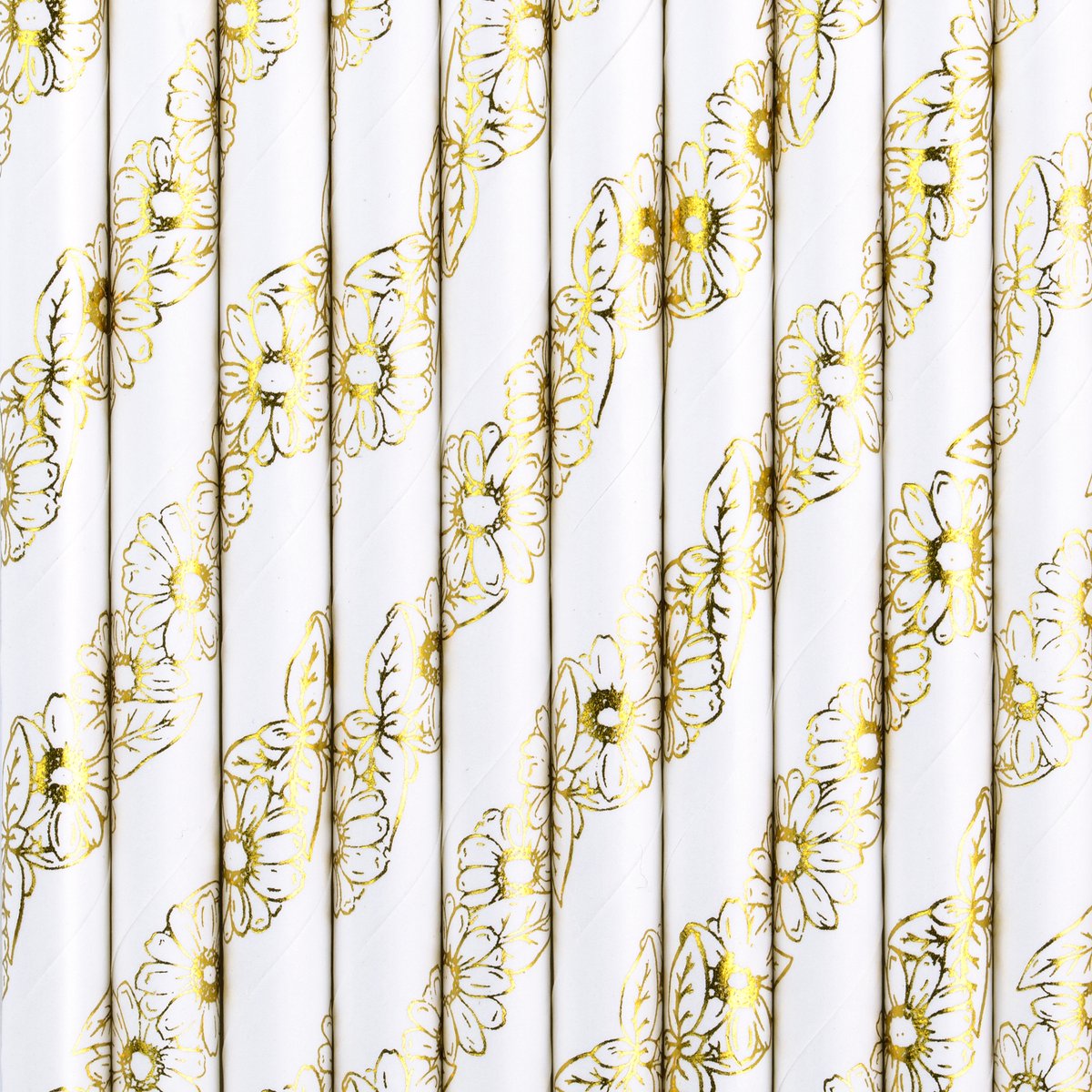 Partydeco Drinkrietjes - papier - 30x - wit/goud bloemen - 19,5 cm - rietjes