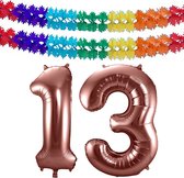Folie ballonnen - Leeftijd cijfer 13 - brons - 86 cm - en 2x slingers
