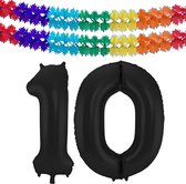 Folat folie ballonnen - Leeftijd cijfer 10 - zwart - 86 cm - en 2x slingers