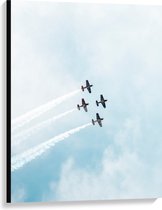 WallClassics - Canvas - Vier Zweefvliegtuigen met Witte Rook - 75x100 cm Foto op Canvas Schilderij (Wanddecoratie op Canvas)