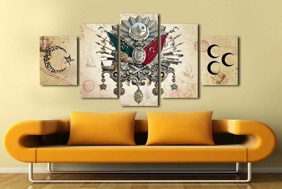 Canvas Paintings - 5-Piece Crescent and Star Detailed Ottoman Design Canvas Painting (5 Parçalı Ay Yıldız Detaylı Osmanlı Tasarım Kanvas Tablo)