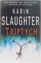 Boek 'Triptych' van Karin Slaughter. De achtergrond is wit met blauwe en groene accenten. Een tak met spijkers slingert zich over de voorkant.