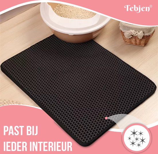 Zwarte kattenbakmat met honingraatpatroon, past bij ieder interieur.
