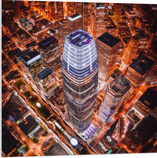 WallClassics - PVC Schuimplaat - De Salesforce Tower vanaf boven - 80x80 cm Foto op PVC Schuimplaat (Met Ophangsysteem)