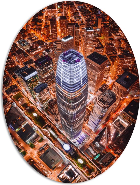 WallClassics - PVC Schuimplaat Ovaal - De Salesforce Tower vanaf boven - 81x108 cm Foto op Ovaal (Met Ophangsysteem)