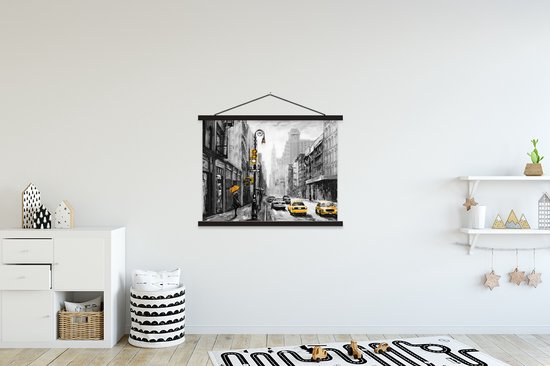 Posterhanger incl. Poster 150x113 cm - Schoolplaat - Schilderij - Olieverf - Stad - Auto - Textielposter - Zwarte latten