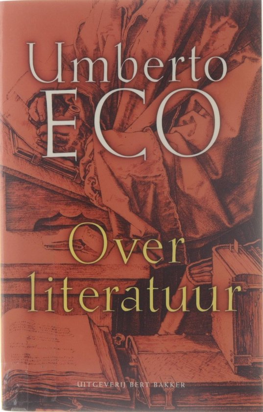 Boekomslag van 'Over literatuur' van Umberto Eco, met een gravure van studerende handen.