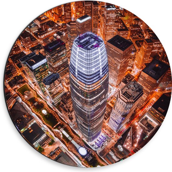WallClassics - Dibond Muurcirkel - De Salesforce Tower vanaf boven - 30x30 cm Foto op Aluminium Muurcirkel (met ophangsysteem)