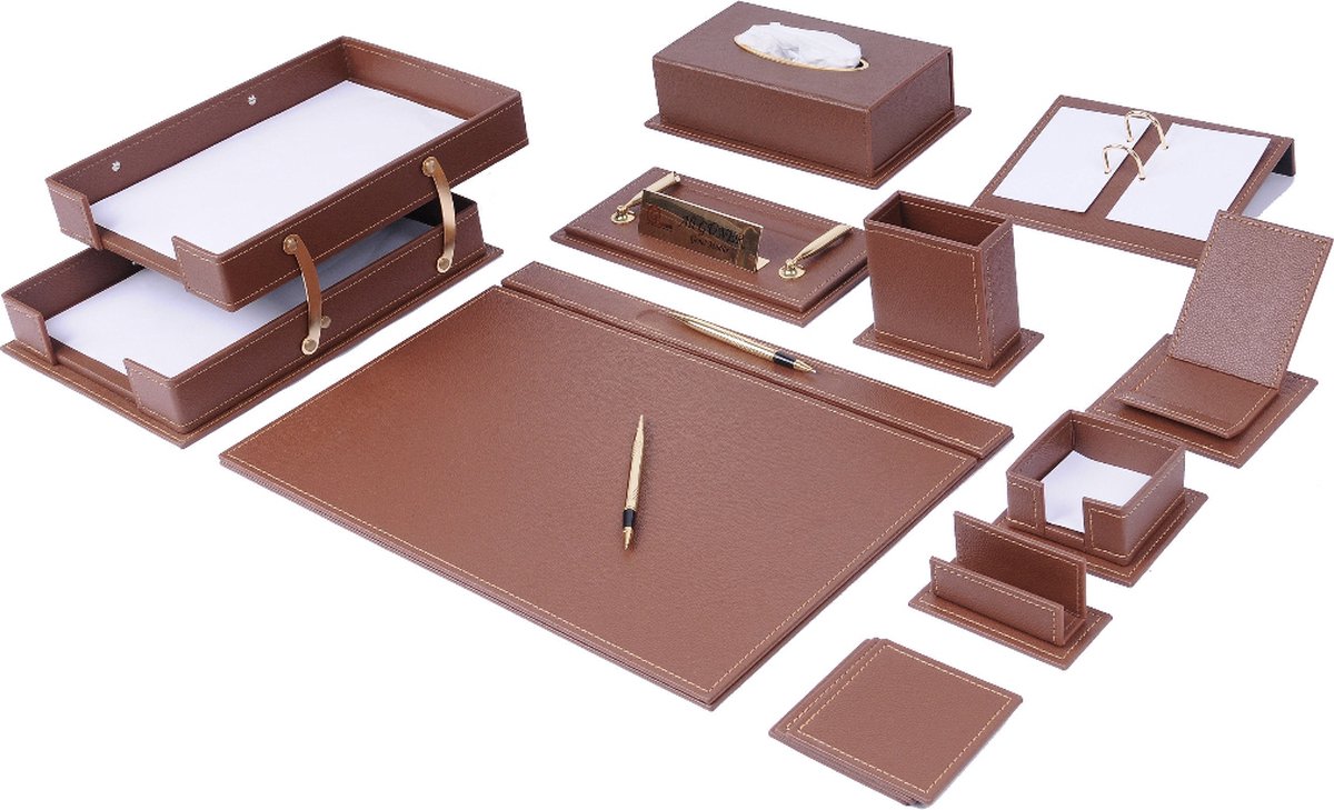 Lederen Bureauset - Kleur LICHT BRUIN - Luxe Bureau Organizer - Bureau opbergruimte - Lederen onderzetter - Bureauaccessoires - 14 delige set