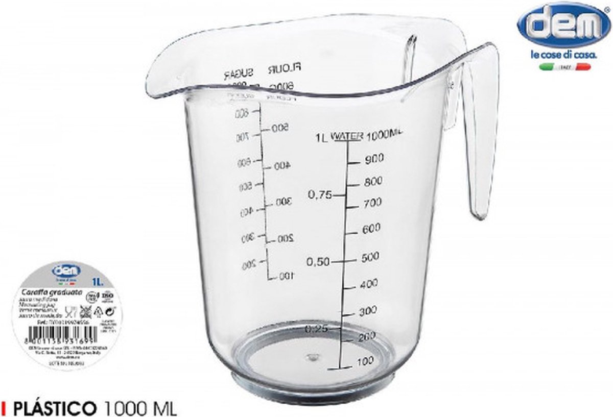 Kunststof maatbeker transparant 1 liter met anti slip rand
