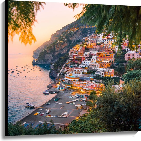 WallClassics - Canvas - Huizen op een Berg aan de Zee - Italië - 100x100 cm Foto op Canvas Schilderij (Wanddecoratie op Canvas)