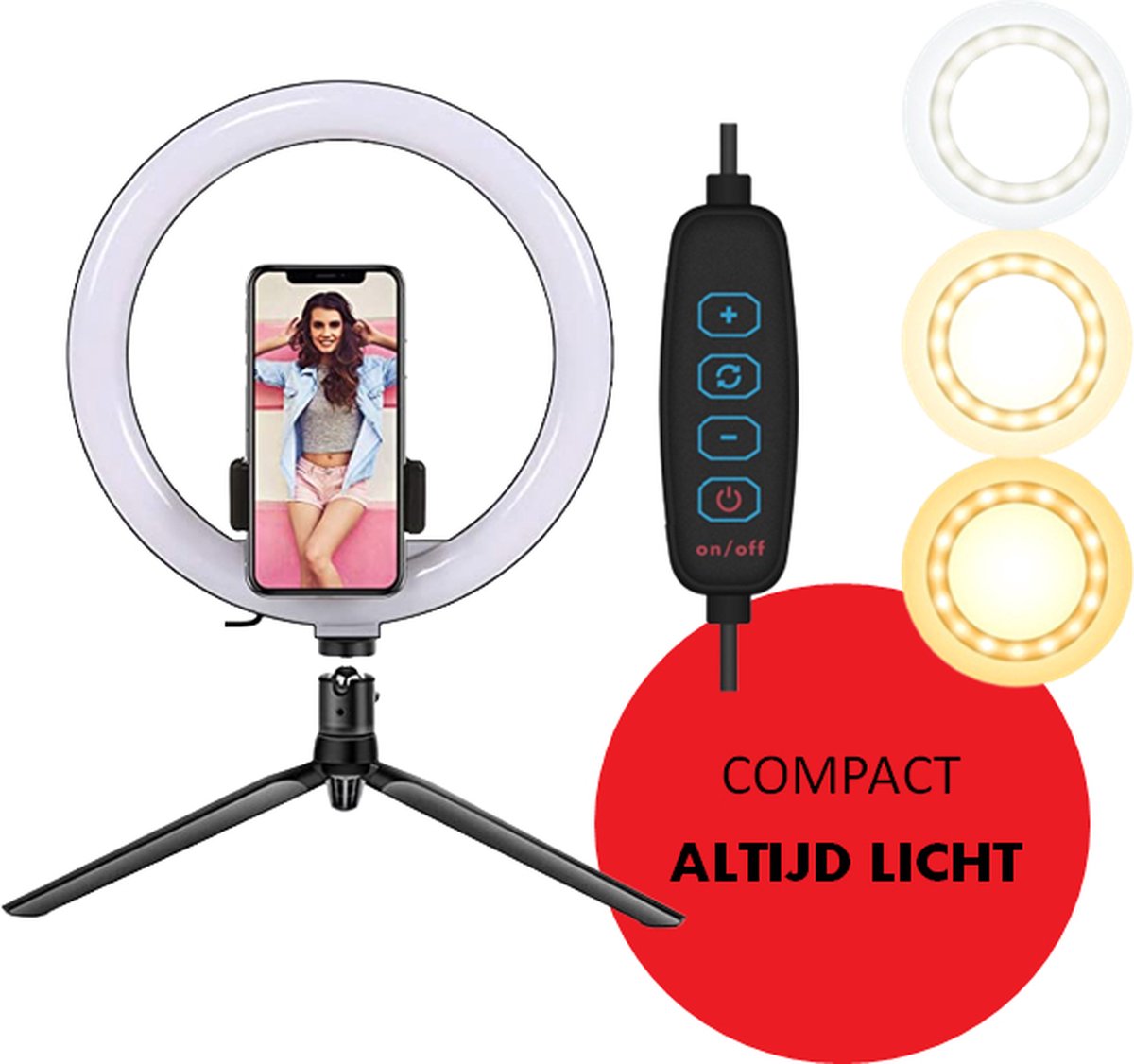ringlamp met statief - 10 inch ringlamp - selfie ring - telefoon houder - 3 lichtstanden - 10 dim standen - usb voeding - dimbaar - makeup/ streaming/ tiktok