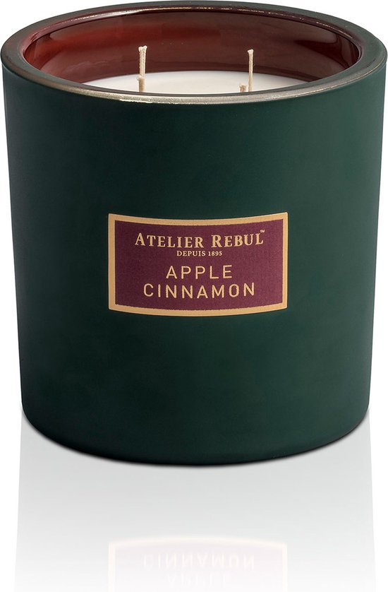 Atelier Rebul Bougie Parfumée Apple Cannelle 950 g - 135 heures de combustion - 4 mèches - Cire de soja