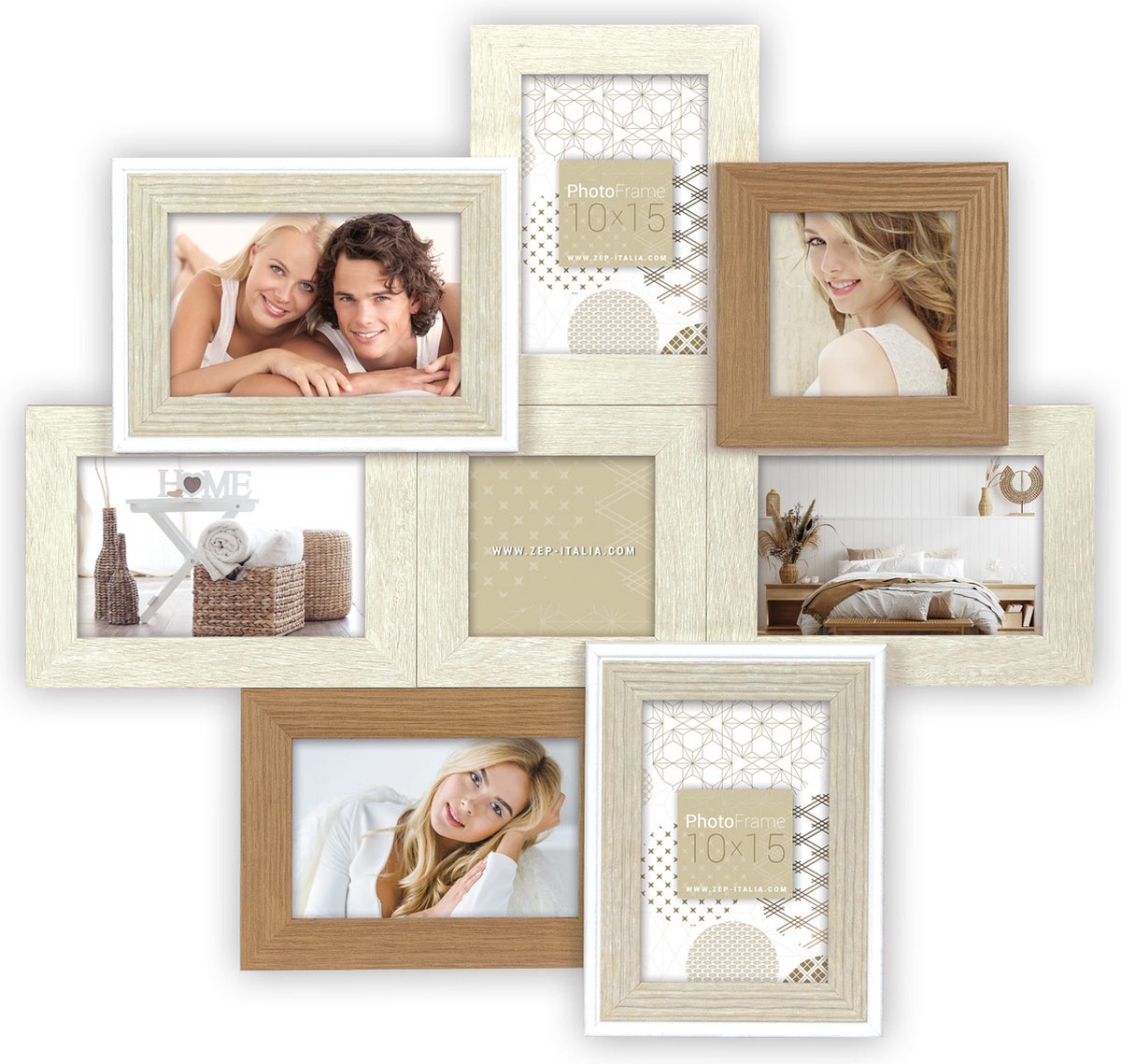 Zep Houten multi Fotolijst Livigno in bruin en wit voor 8 foto's 6x 10x15 en 2x 10x10 cm (afmeting 52,5 x 51 cm) - ZD882