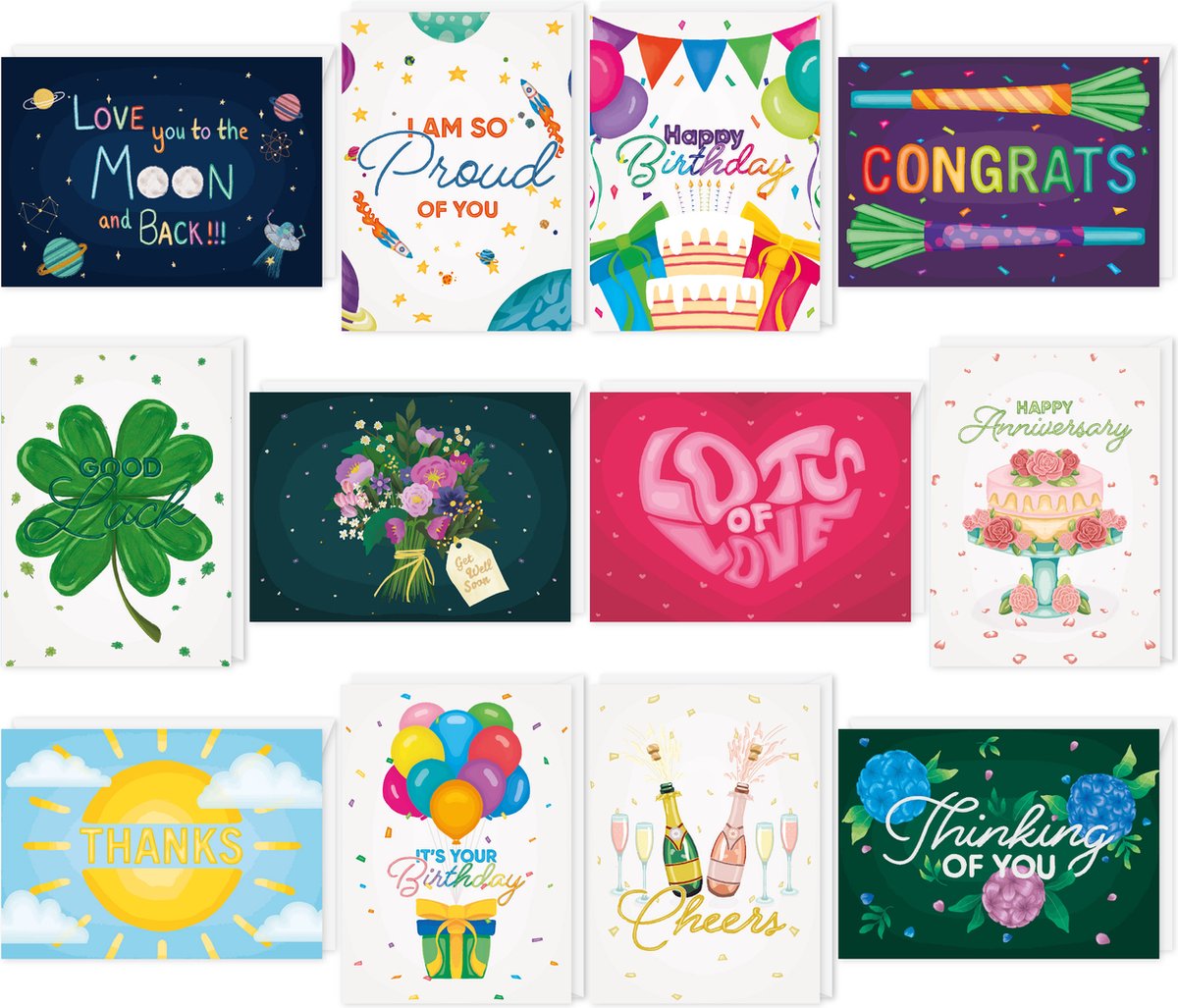 Fissaly 48 Stuks Wenskaarten & Verjaardagskaarten Set met Enveloppen - Verjaardag Kaarten Box – Felicitatiekaarten & Ansichtkaarten Kinderen Kinderen & Volwassenen