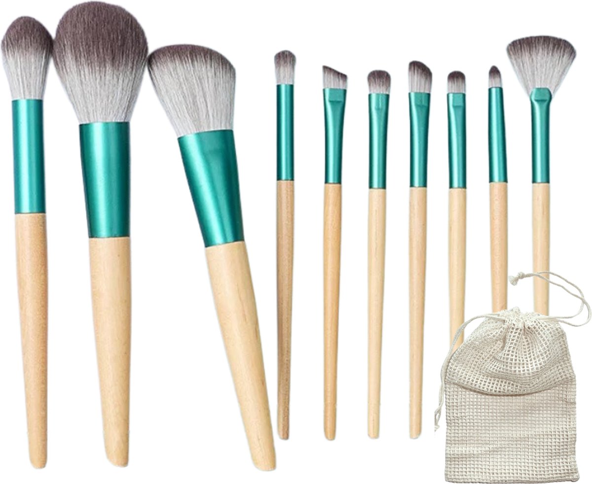 green-goose® Bamboe Make-Up Kwastenset | 10 Borstels met Opbergtasje | Make Up Brush | Oogschaduw | Foundation Kwast | Poederkwast