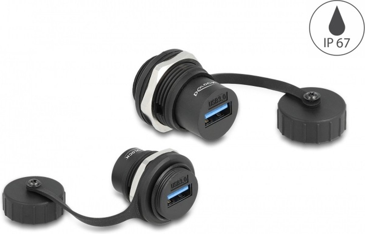 USB naar USB inbouw adapter met beschermkap - IP67 - USB3.0 / zwart