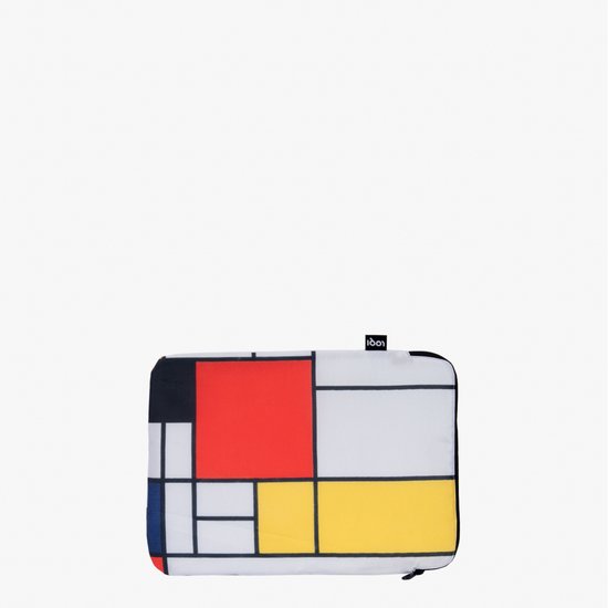 Housse d'ordinateur portable avec imprimé Mondrian en rouge, jaune, bleu et noir.