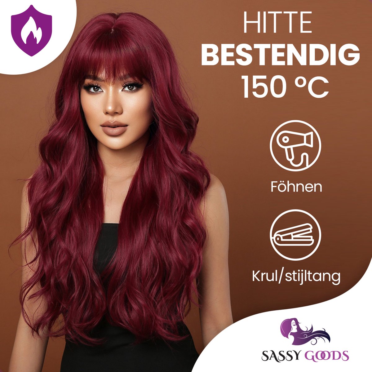 SassyGoods Rode Pruik - Pruiken Dames Lang Haar met Pony - Wig - Haarwerk - Wasbaar - Wijn Rood - 70 cm — afbeelding 10