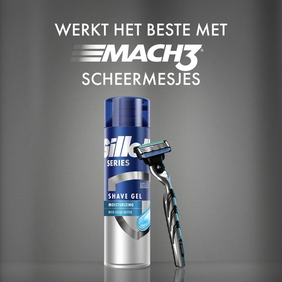 Scheergel bus met blauwe dop, met Mach 3 scheermesje. "Werkt het beste met MACH3 scheermesjes".